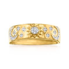 Ross-Simons - .10ct t. w. Diamond Moon, Sun, Star Ring in 18kt Yellow Gold Over Sterling. Size 9. Let your stack be a reflection of your unique personality! This ring features a whimsical motif of moons, suns and stars sparked by .10 ct. t. w. round diamonds twinkling across the 18kt yellow gold over sterling silver band. 1/4" wide. Diamond moon, sun and star ring. Diamond birthstones are the perfect gift for April birthdays. Heart Promise Rings, Moon And Star Ring, Diamond Birthstone, Moon Sun, Classic Engagement Rings, Natural Gold, Sun And Stars, Jewelry Rings Diamond, Cz Jewelry