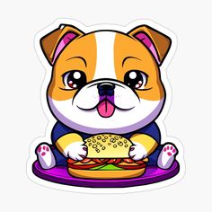 a cartoon dog eating a hamburger on a plate sticker with paws up and eyes wide open