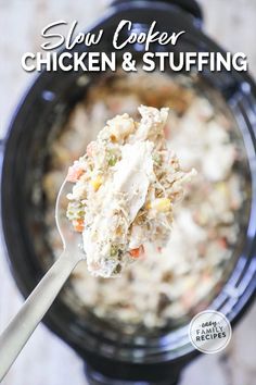 slow cooker chicken and stuffing in a crock pot with the title above it