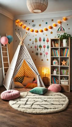 a child's room with a teepee tent and bookshelves