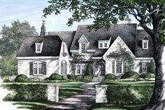 this is an artist's rendering of a house in the country side with trees and bushes