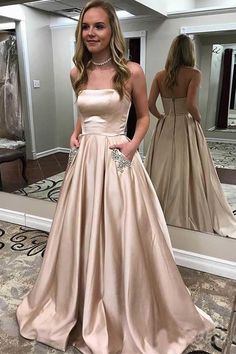 Open Back Strapless Champagne Long Prom Dresses with Pocket, Champagne Formal Evening Dresses Fancy Prom Dresses, Satin Prom Dress Long, Beaded Evening Gowns, Dresses With Pockets, Strapless Prom Dresses, Prom Dresses With Pockets, Evening Party Gowns, Womens Prom Dresses, White Prom Dress