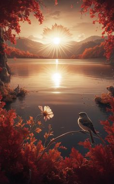 a bird sitting on a branch in front of a lake with red trees and flowers