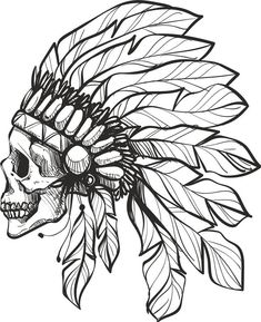 Skull Indian Headdress Tattoo Leg, Western Skull Drawing, Aztec Skull Drawing, Indian Skull Drawing, Skull With Headdress Tattoo, Indian Skull Tattoo Design, Indian Vector Art, Native American Skull Tattoo, Tattoo Crane