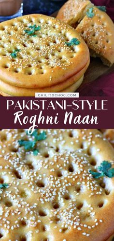 two different views of some food on top of each other with the words, pakistan style roghu nann