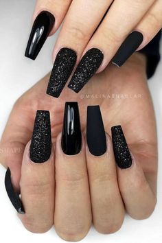 The best cute black nails acrylic long: Black nails with glitter | Elegant black nail ideas coffin, easy black nail art designs, pretty black nail designs acrylic and more! These include black nails coffin, general long black nails, black nail art acrylics, black nail art long nails, long black nail designs and even simple black nail designs! #blacknails #blacknailideas #blacknaildesigns #blacknailart #blacknailideascoffin #blackacrylicnails #blacknailswithglitter Black Nails With Glitter, Nails With Glitter, January Nails, Black Acrylic Nails, February Nails, Winter Nails Acrylic, Nails Winter, Winter Blue, Black Nail Designs