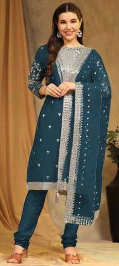 Blue color Salwar Kameez in Faux Georgette fabric with Embroidered, Sequence, Thread work Luxury Turquoise Salwar Kameez With Zari Work, Wear Green, Georgette Fabric, Churidar, Thread Work, Salwar Kameez, Party Wear, Green Colors, Violet