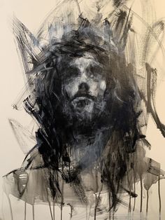 an abstract painting with black and white inks on the subject's face, surrounded by dripping paintbrushes