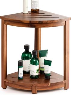 a wooden shelf with some bottles and soaps on it's sides, along with other personal care products