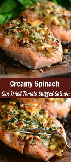 salmon with creamy spinach and sun dried tomato stuffed salmon fillets on a wooden cutting board