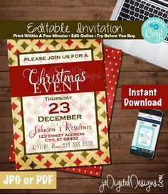 christmas party flyer with laptop and phone on the table next to it, including an image of