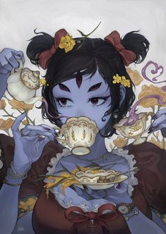 a painting of a woman holding a tea cup and saucer in her hands while eating food