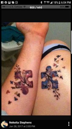 two people with matching tattoos on their arms, one has a puzzle piece and the other has butterflies