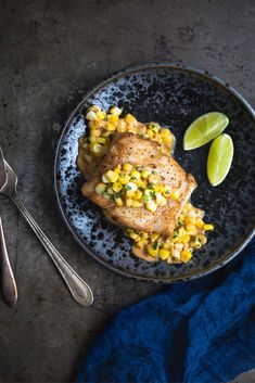 Pan seared cod gets topped with an extra creamy version of Mexican street corn, esquites. The corn works great with seared fish or your favorite protein.