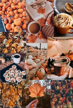 a collage of photos with pumpkins, leaves and other autumn things in them