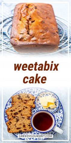 two pictures with different types of cake on them and the words, weetabix cake