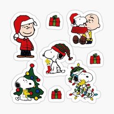 peanuts christmas sticker set with snoop and charlie the dog, santa hat, tree, presents