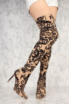 Nude Elegant Vines Print Thigh High Heel Boots Faux Velvet Thigh High Heel Boots, Thigh High Heels, High Heel Stiefel, Womens Black Booties, Thigh High Boots Heels, Womens Shoes High Heels, Fashion High Heels, Black High Heels