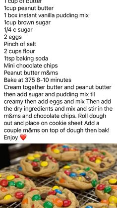 cookies with m & m's on top are cooling on a rack and the recipe is in english