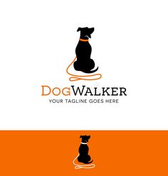 dog walker logo with a black and white dog sitting on the ground, looking up at something