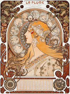 an art nouveau poster with a woman's face and ornate details on the front