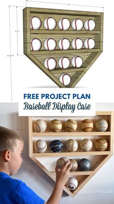 a boy is playing with baseballs and other items in his playroom that includes a free project plan for baseball display case