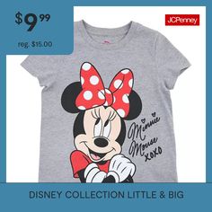 Your Minnie Mouse fan will love this graphic short-sleeve t-shirt for little and big girls by Disney Collection. Made from a soft marled cotton-jersey, it has a regular-fit, a crew neckline, and a large screenprinted front graphic. Wear it with joggers, jeans, or shorts.Features: Screen PrintedCharacter: Minnie MouseClosure Type: Pullover HeadFit: Regular FitNeckline: Crew NeckSleeve Length: Short SleeveFiber Content: 50% Cotton, 50% PolyesterFabric Description: JerseyCare: Tumble Dry, Machine … Light Marble, Screen Printed Tshirts, Girls Tees, Disney Shirts, Disney Girls, Red Bow, Grey Shirt, Kids Shirts, Minnie Mouse