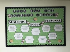 a bulletin board with words on it that read tips for the college grad and focus