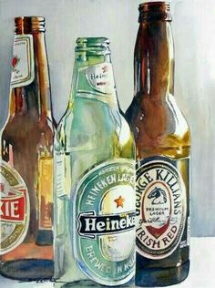 three different types of beer are shown in this painting