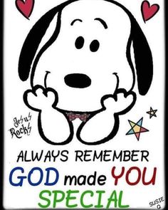 a snoopy dog with hearts on it's chest and the words god made you special