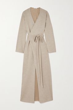 The Row's 'Aras' maxi dress has a relaxed fit cinched in at the waist with a tie belt. Cut from stretch wool, silk and cashmere-blend, it has the luxurious quality the brand excels at. Teams yours with a white turtleneck and wide-leg pants. Neutral Maxi Dress, Belt Dress Outfit, Wool Robe, Neutral Maxi Dresses, Grey Long Dress, Dressy Hats, Wrap Dress Styles, Flamboyant Natural, Minimal Dress