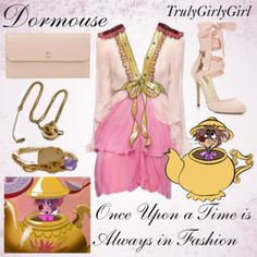 there is a pink and yellow outfit with gold trimmings on the bottom, along with accessories