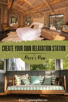 a bed sitting inside of a bedroom next to a wooden ceiling