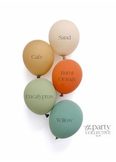 four balloons with the names of each balloon in different colors and font on one ballon