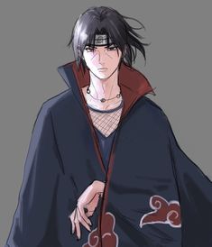 an anime character with black hair, wearing a blue jacket and red hoodie holding his hands out