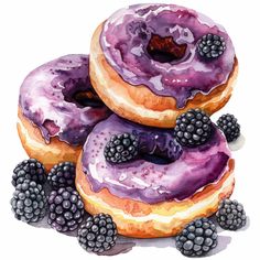 three donuts with purple icing and blackberries on top are stacked next to each other