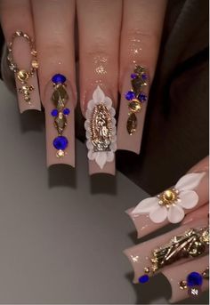 Cute Nails Mexican, Cute Nails Acrylic Mexican, Virgin Mary And San Judas Nails, Carin Leon Nails, Guadalupe Nail Designs, Matching Cartoon Characters, Quince Red Makeup Look, Red Quinceanera Dresses Long Tail, Virgin Mary Charm Nails