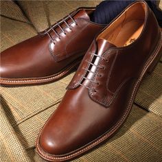 The Alden Chromexcel Blucher Classic Brown Derby Shoes With Plain Toe, Brown Oxfords With Goodyear Welt Construction, Brown Plain Toe Bridle Leather Oxfords, Masculine Brown Derby With Leather Sole, Brown Oxfords For Derby, Brown Derby With Leather Sole, Brown Derby Shoes With Leather Sole, Classic Brown Bridle Leather Dress Shoes, Masculine Plain Toe Derby With Goodyear Welt