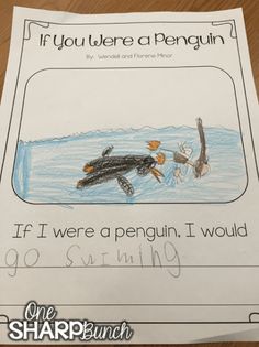 a penguin is swimming in the water next to a paper that says if you were a penguin, i would go swimming