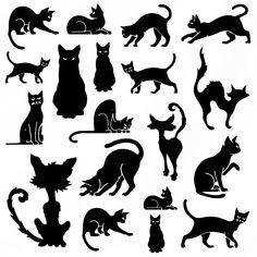 black silhouettes of cats and kittens on white background, set of nine images