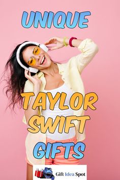 an advertisement for taylor swift gifts featuring a woman in white shirt and orange shorts with headphones