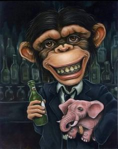 a monkey in a suit holding a bottle and an elephant with it's trunk