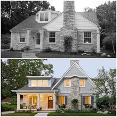 before and after photos of a house with stone sidings, windows, and shingled roof