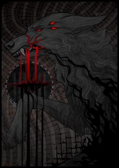 a black and red poster with blood dripping from it's mouth in front of a dark background