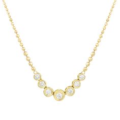 Multi-sized diamonds fit perfectly into their 18K gold bezel setting. Each size bezel and diamond complements the next, as it gradually grows from smallest to largest. The most prominent diamond displays itself front and center. This bezel-set diamond necklace holds 1 Cts total. Gold Diamond Necklace With Bezel Setting, Diamond Necklace With Bezel Setting And Round Pendant, Gold Diamond Necklace With Bezel Setting For Formal Occasions, Yellow Gold Diamond Necklace With Smooth Bezel For Anniversary, Gold Diamond Necklaces With Bezel Setting, Diamond Necklace With Bezel Setting, Yellow Gold Diamond Necklace With Bezel Setting, Fine Jewelry Cubic Zirconia Diamond Necklace With Bezel Setting, Luxury Diamond Necklace With Bezel Setting