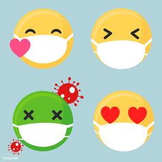 three smiley faces wearing masks with hearts on the nose, and one has a face mask