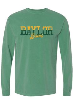 Display your Baylor Bears spirit in this Baylor Green T-Shirt! This Baylor Two Tone Long Sleeve T-Shirt makes a great layer for cooler nights cheering on the Bears. Featuring a center front screen print team name, this Baylor Bears Long Sleeve LS Tee is a must-have for any fan. Go Bears! Comfort Colors brand, 100% ring spun cotton, Soft hand, washed garment dyed fabric, Double needle collar, armhole, sleeve and bottom hems, Twill taped neck and shoulders, Twill joker label, Screen print, 100% Co Long Sleeve Cotton T-shirt With Team Name, Pre-shrunk Long Sleeve College T-shirt, Green Long Sleeve Fan Apparel Top, Collegiate Long Sleeve T-shirt With Screen Print, Green Collegiate Long Sleeve Tops, Collegiate Long Sleeve Green Tops, Collegiate Green Long Sleeve Tops, Long Sleeve Cotton T-shirt For Fans, Collegiate Cotton Shirt For Fan Gear