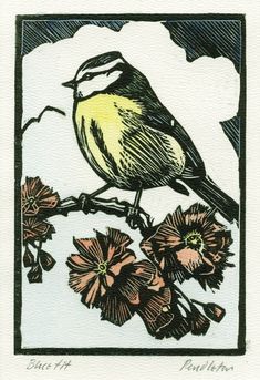 a drawing of a bird on a branch with flowers