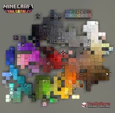 an image of some colorful squares on a gray background with the words minecraft over it