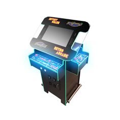 an old school arcade machine with neon lights on the front and side panels that say retro time